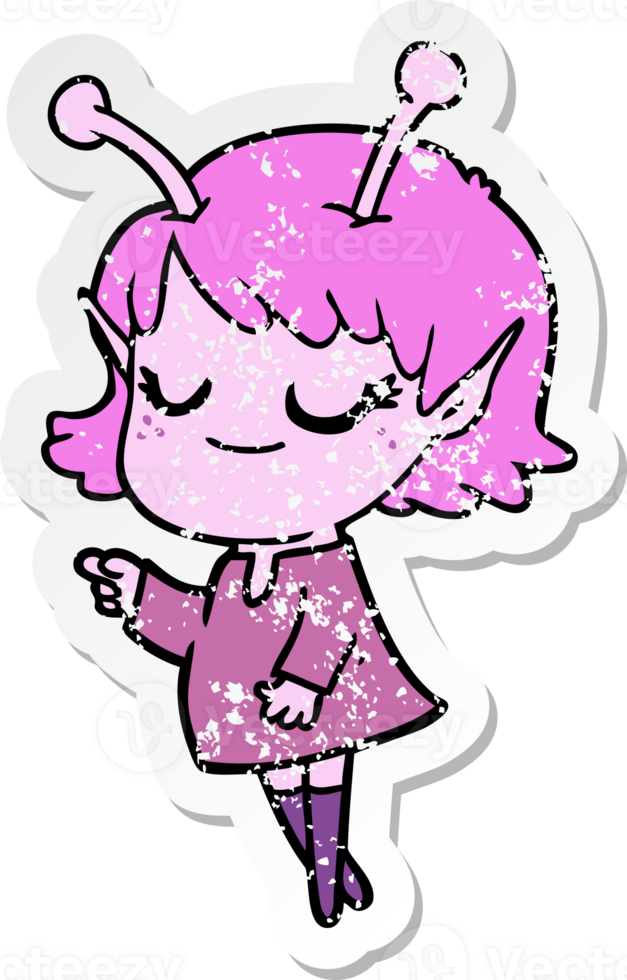 distressed sticker of a smiling alien girl cartoon png