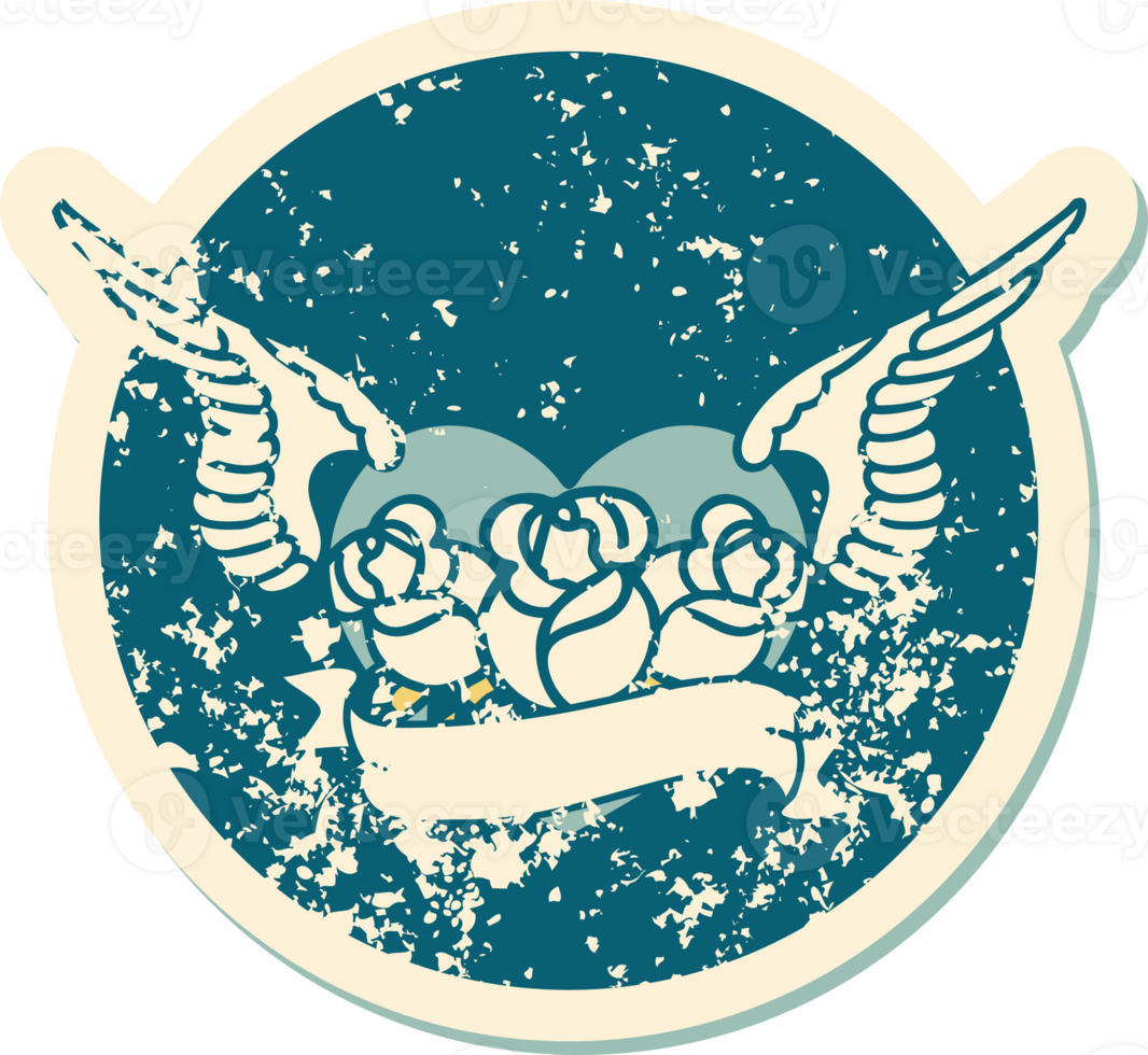 distressed sticker tattoo style icon of a flying heart with flowers and banner png