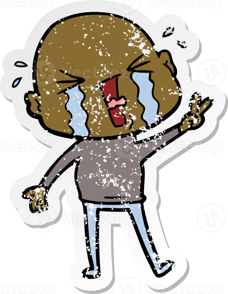 distressed sticker of a cartoon crying bald man png