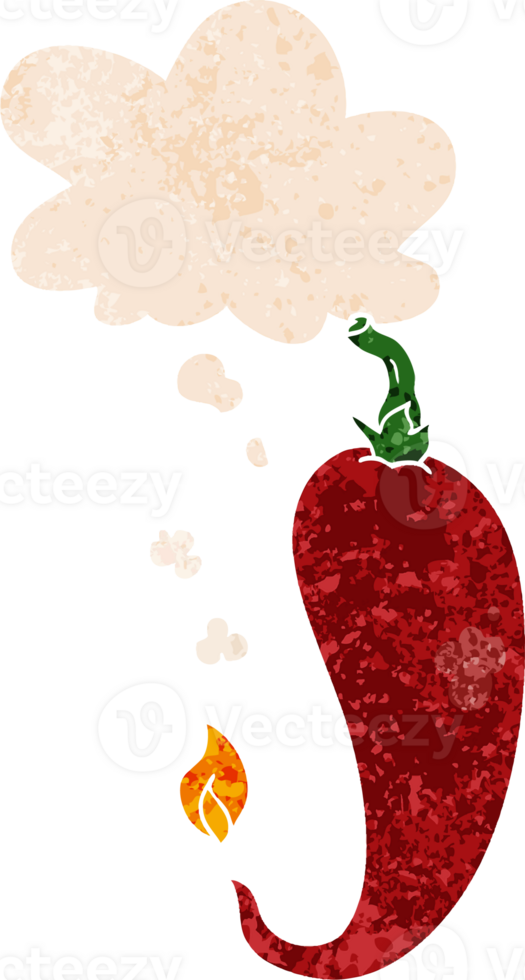 cartoon chili pepper and thought bubble in retro textured style png
