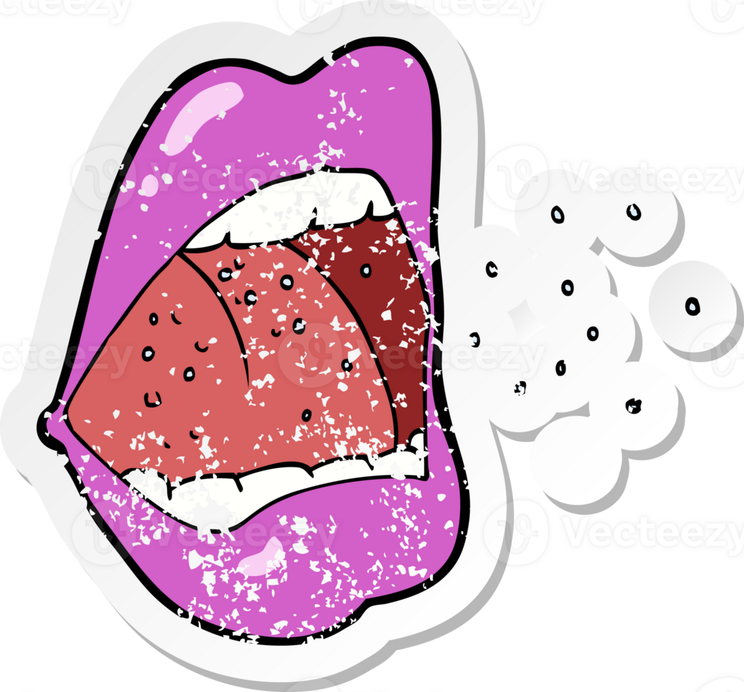 retro distressed sticker of a cartoon sneezing mouth png