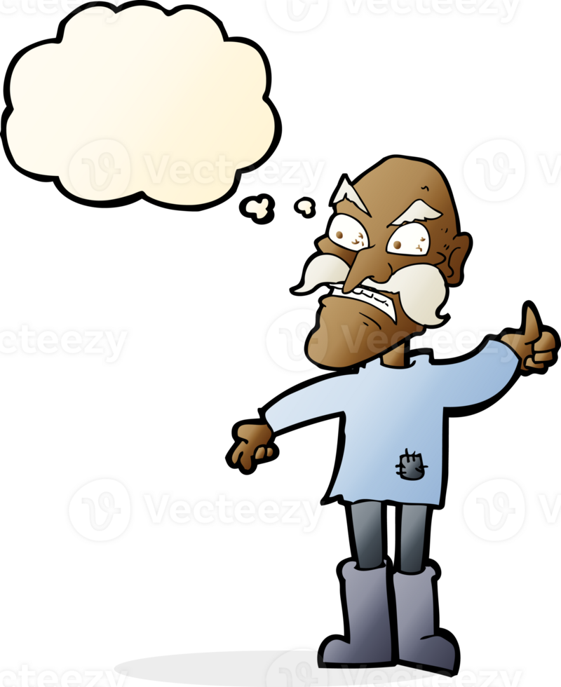 cartoon angry old man in patched clothing with thought bubble png