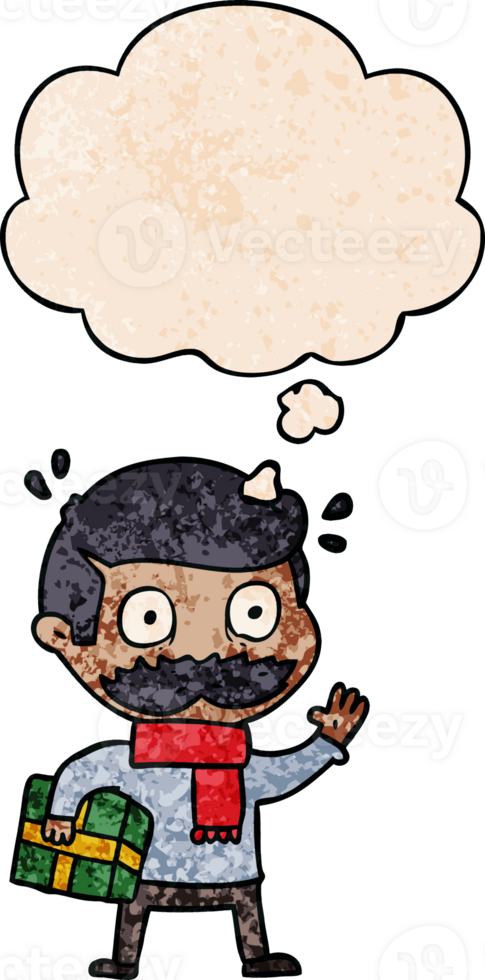 cartoon man with mustache and christmas present and thought bubble in grunge texture pattern style png