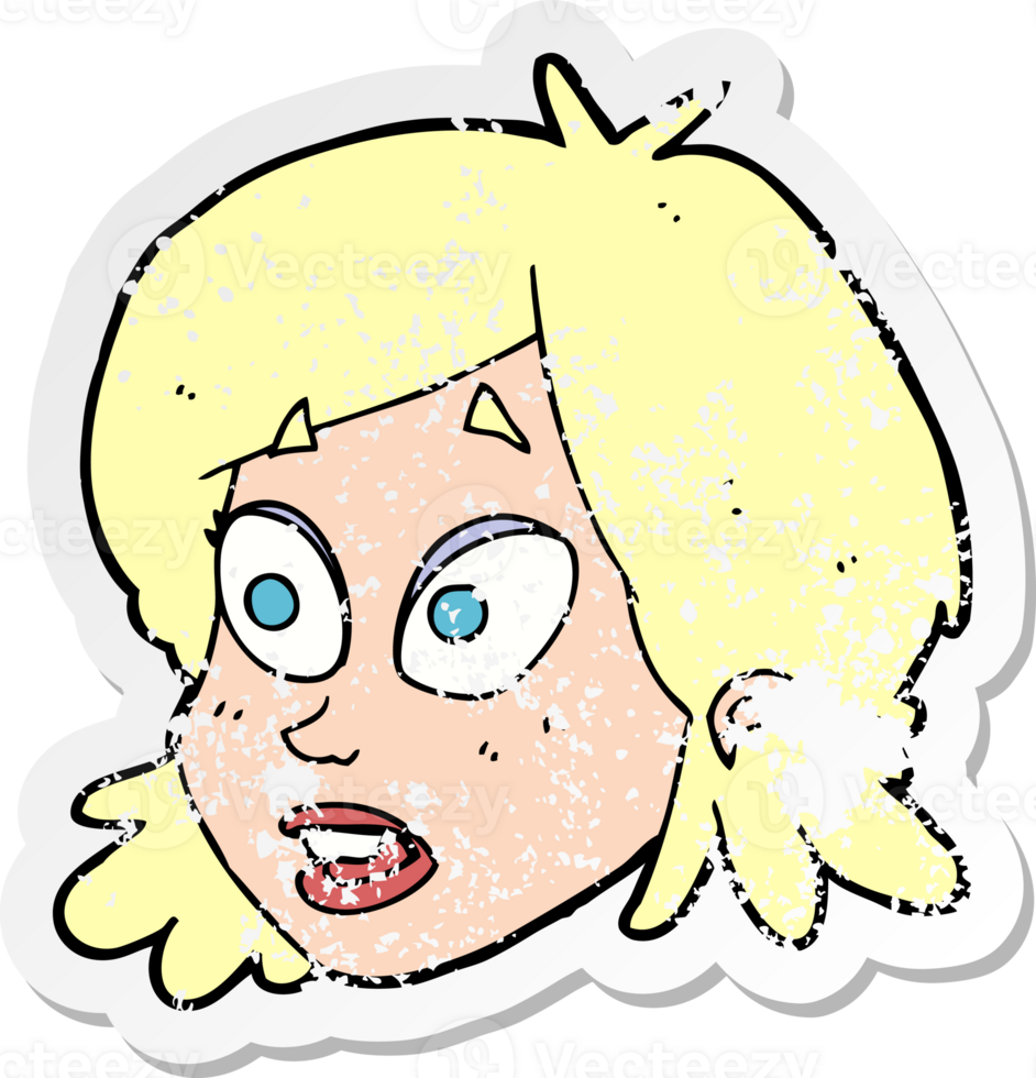 retro distressed sticker of a cartoon female face with surprised expression png