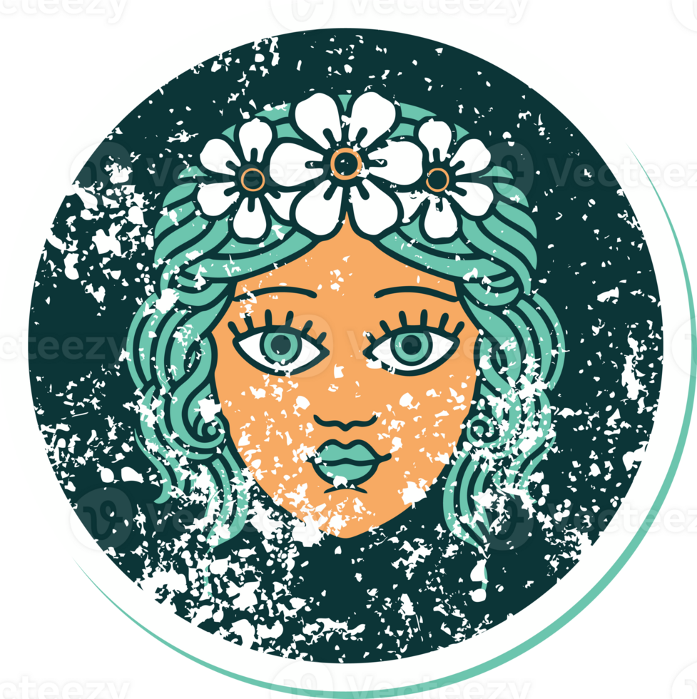 distressed sticker tattoo style icon of female face with crown of flowers png