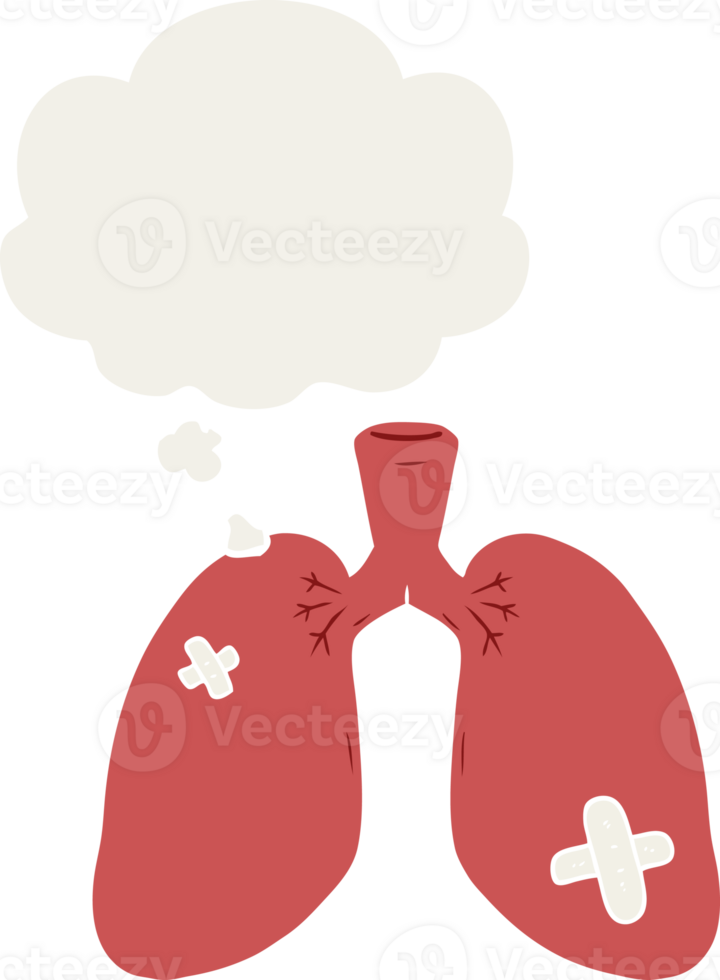 cartoon repaired lungs and thought bubble in retro style png