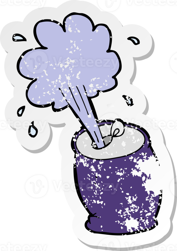 retro distressed sticker of a cartoon fizzing soda can png