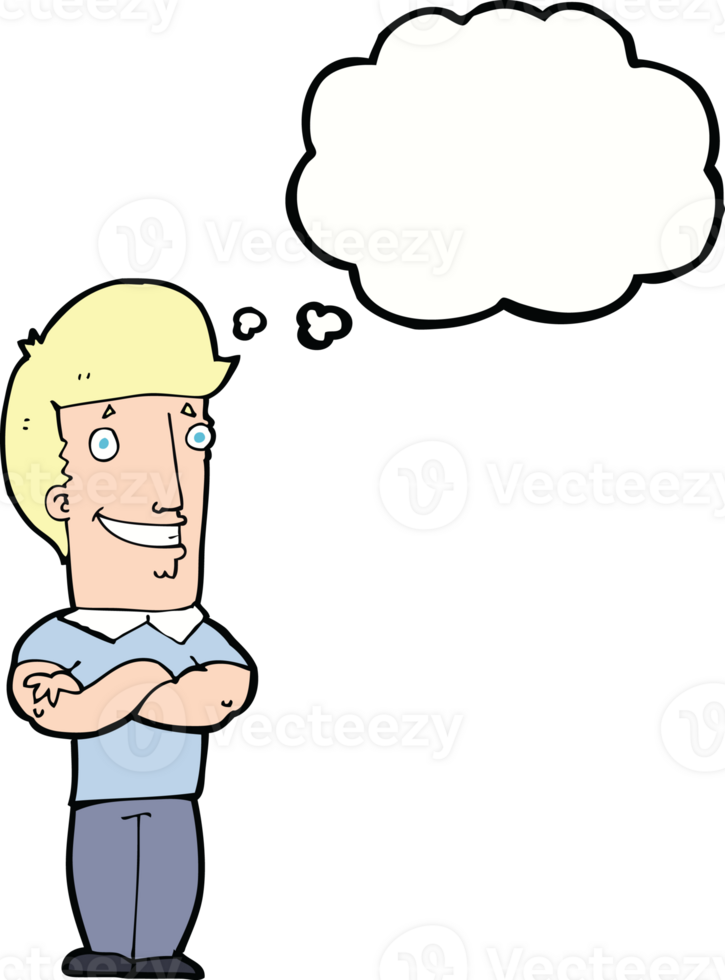 cartoon man with folded arms grinning with thought bubble png