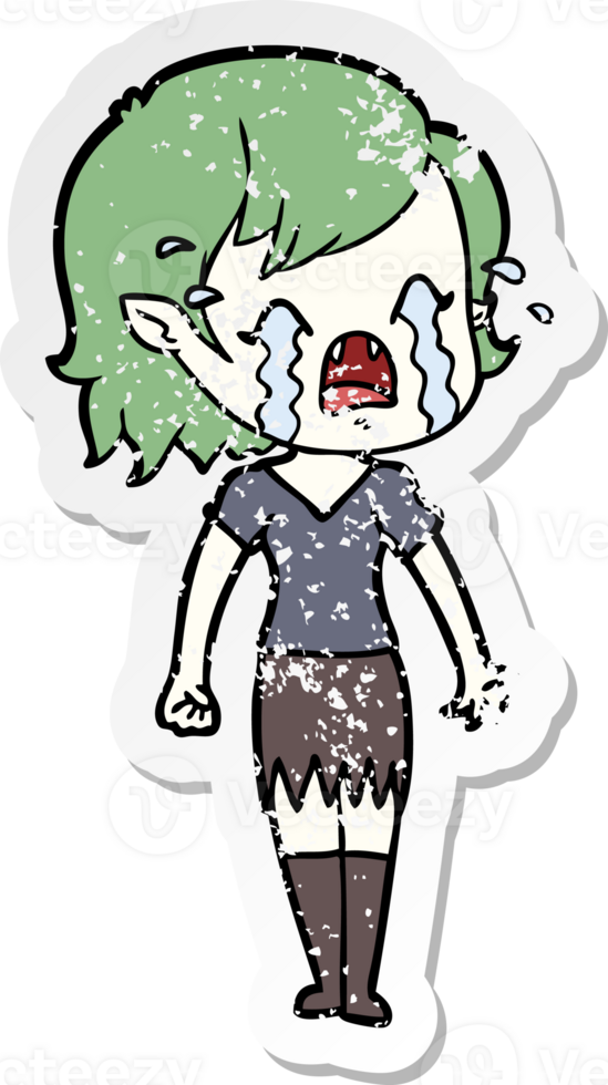 distressed sticker of a cartoon crying vampire girl png