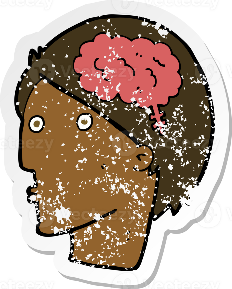 retro distressed sticker of a cartoon man with brain symbol png