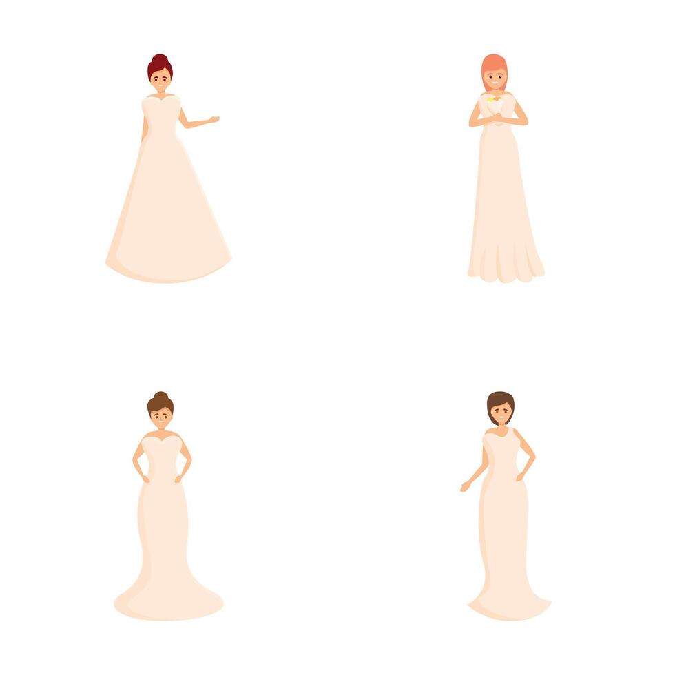 Bride icons set cartoon vector. Bride in various dress style vector