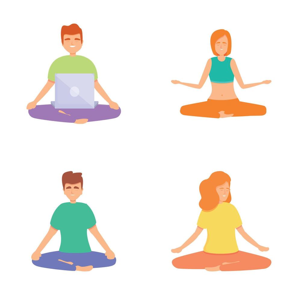 Meditating people icons set cartoon vector. Female and male in lotus posture vector