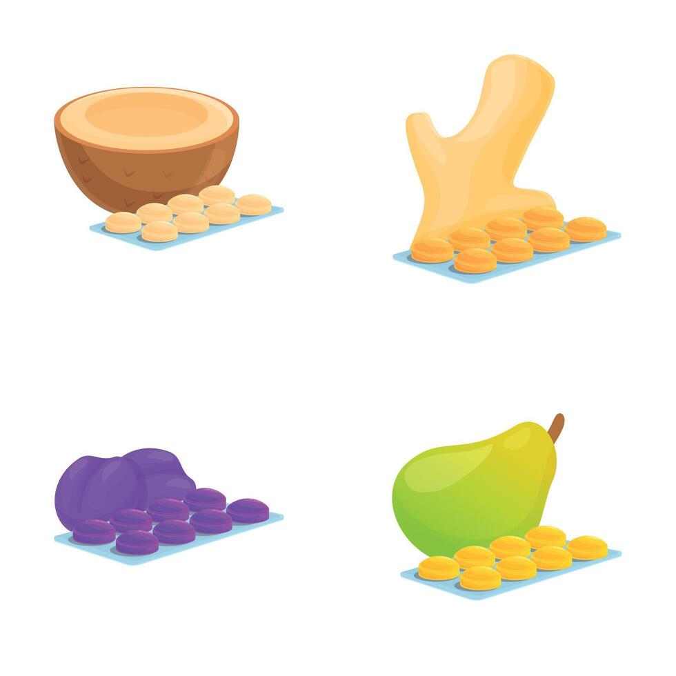 Cough drops icons set cartoon vector. Package of lozenge with various flavor vector