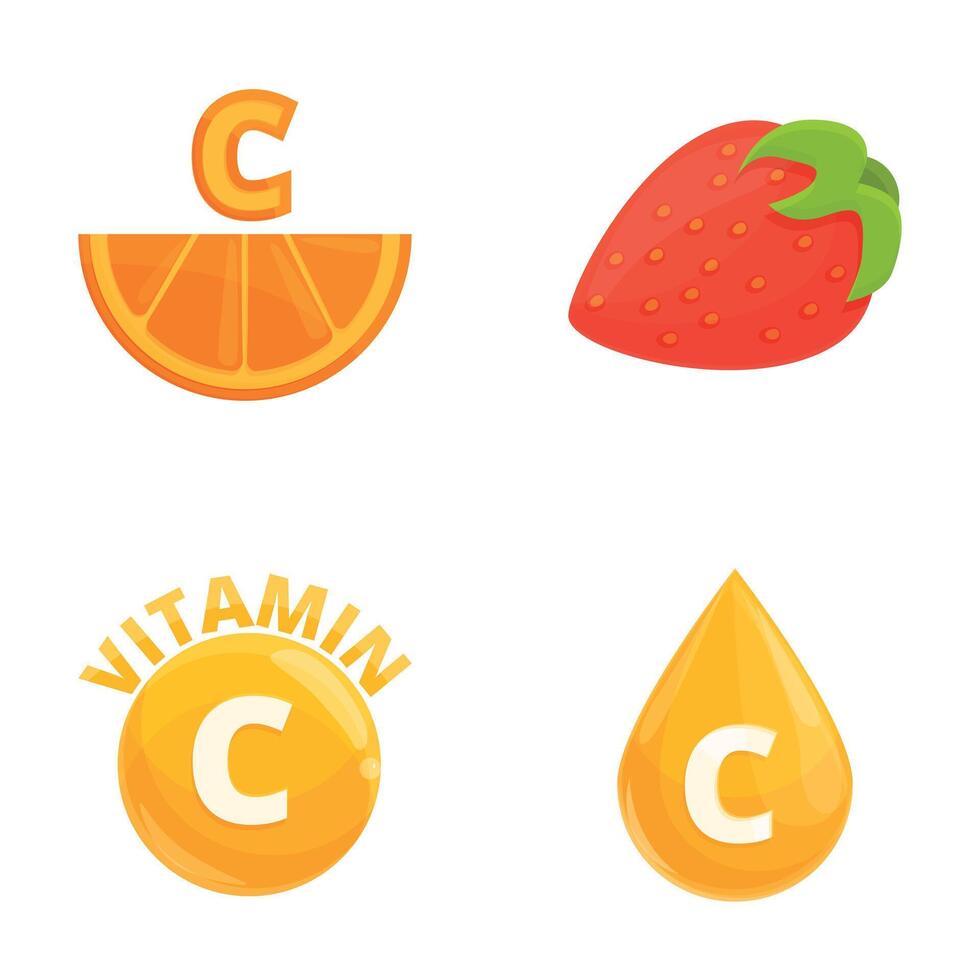 vitamina C íconos conjunto dibujos animados vector. Fresco Fruta enriquecido con ascórbico ácido vector