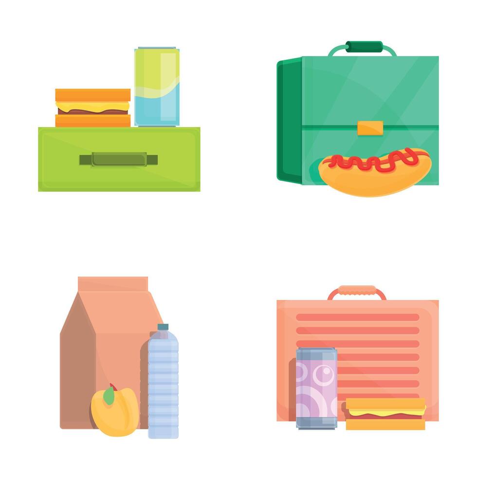 School lunch icons set cartoon vector. Container with homemade snack and fruit vector