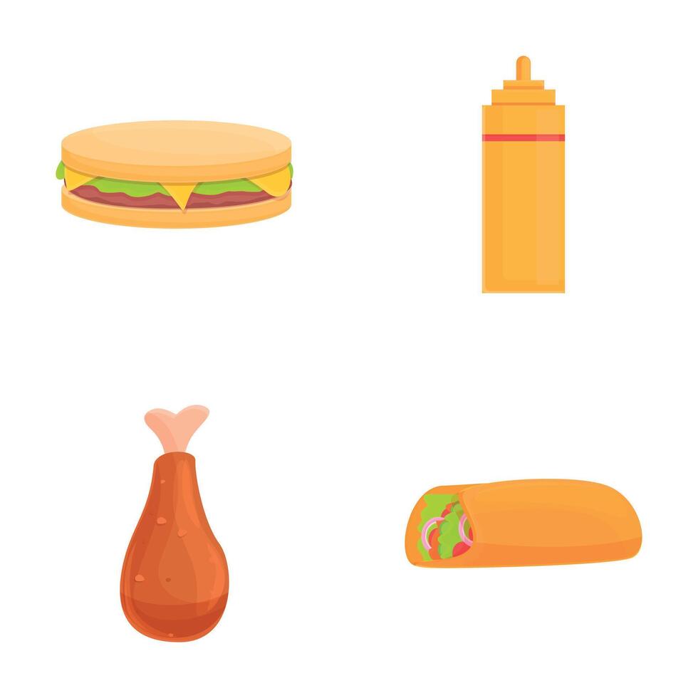 Fast food icons set cartoon vector. Fried chicken sandwich burrito and mustard vector