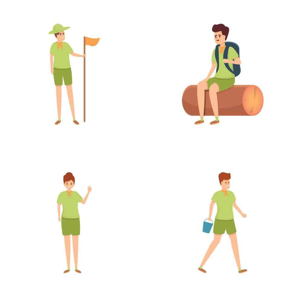 Scouting icons set cartoon vector. Children outdoor scout summer activity vector