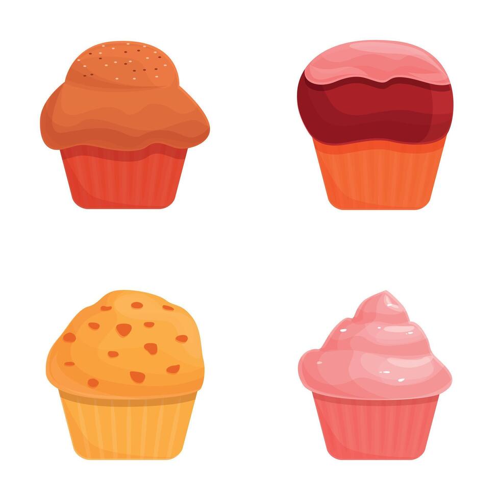 Cupcake icons set cartoon vector. Cupcake and muffin various flavor and color vector