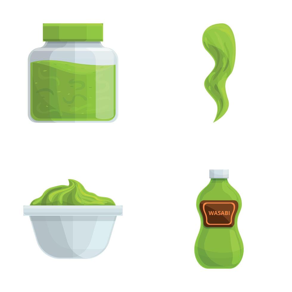 Wasabi icons set cartoon vector. Wasabi in bottle and bowl vector