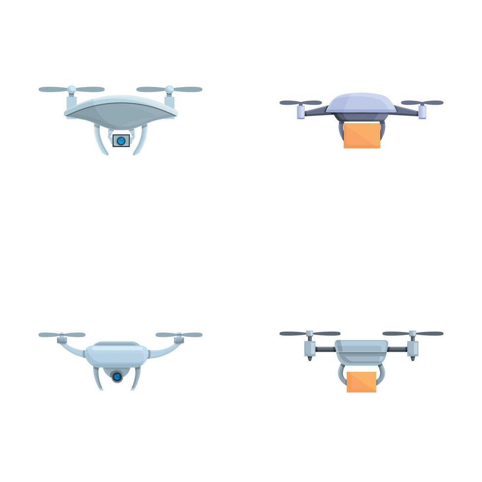 Service drone icons set cartoon vector. Shipping parcel package with drone vector