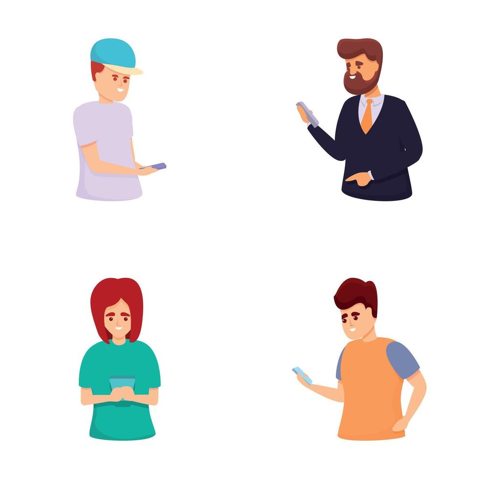 Smartphone user icons set cartoon vector. People looking at phone and chatting vector