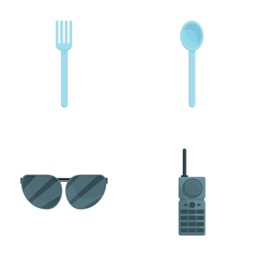 Trekking equipment icons set cartoon vector. Various tool for trekking vector