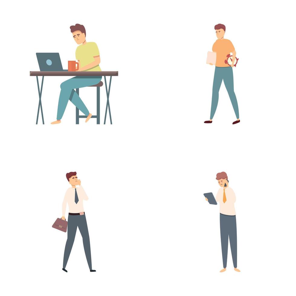 Overtime concept icons set cartoon vector. Office employee working overtime vector