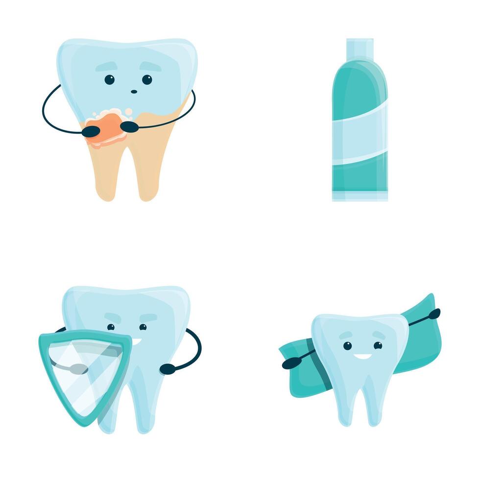 Dental care icons set cartoon vector. Tooth with toothpaste and shield vector
