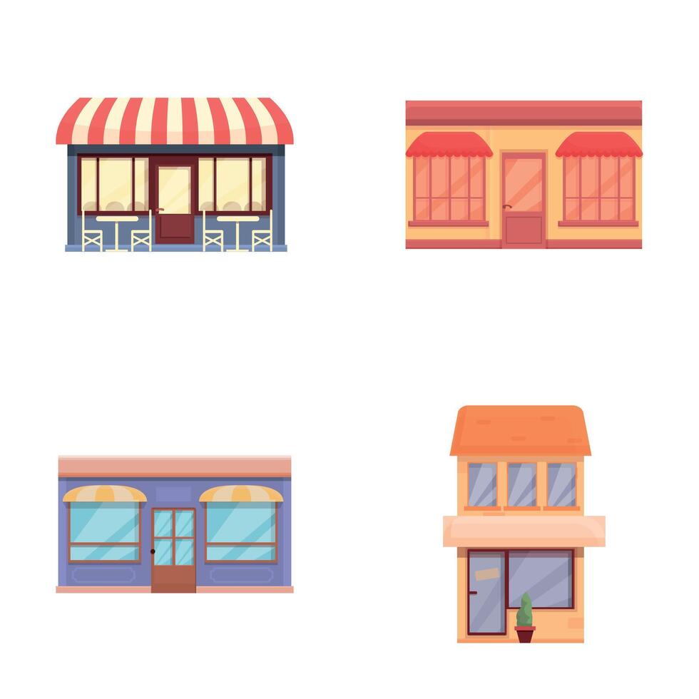 Summer cafe icons set cartoon vector. Colorful facade of cafe with canopy vector