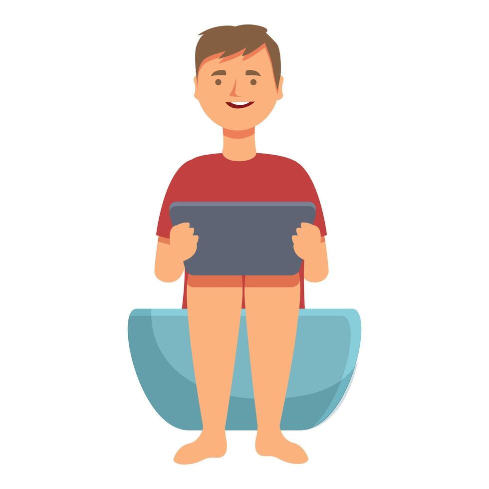 Little boy on toilet with tablet icon cartoon vector. Baby care small vector