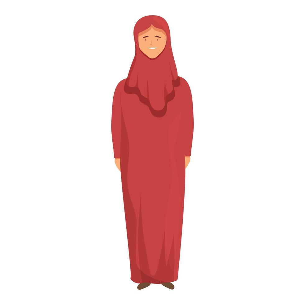 Cute muslim girl in red icon cartoon vector. Religion traditional vector