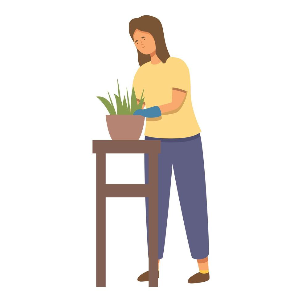 Girl caring plant pot icon cartoon vector. Home nature vector