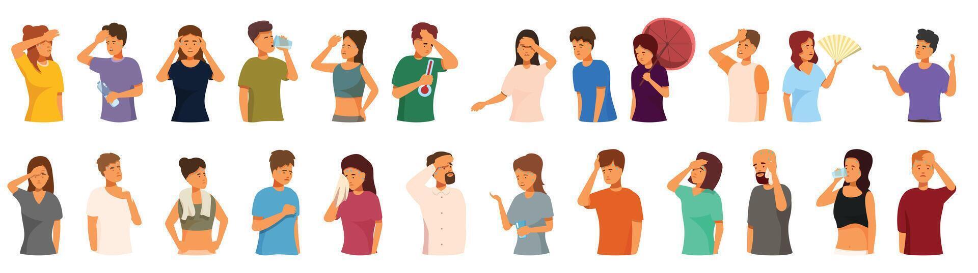 Sunstroke icons set cartoon vector. Person climate dehydration vector