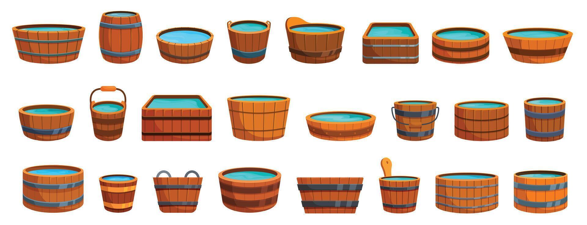 Wooden baths icons set cartoon vector. Interior bathroom vector