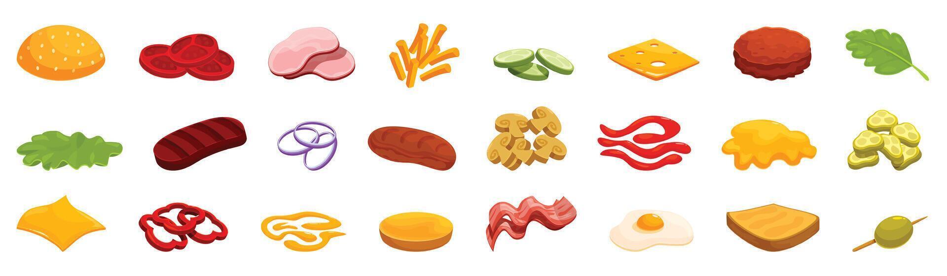 Flying burger ingredients icons set cartoon vector. Fast Food meal vector