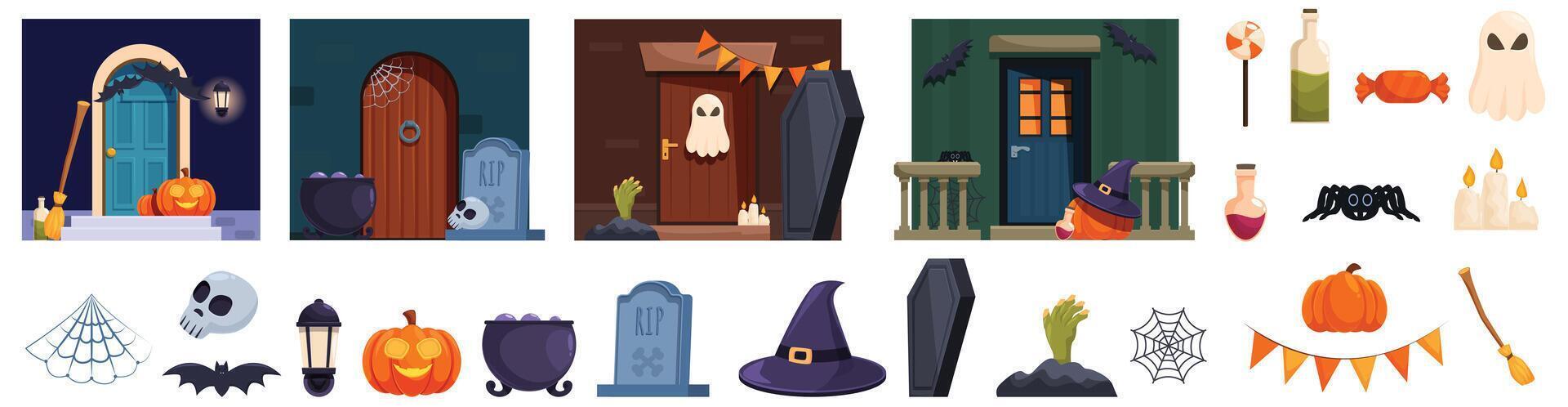 Halloween porch icons set cartoon vector. Welcome decoration vector