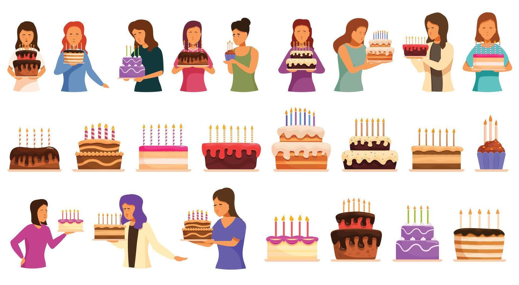mujer soplar velas íconos conjunto dibujos animados vector. cumpleaños pastel fiesta vector