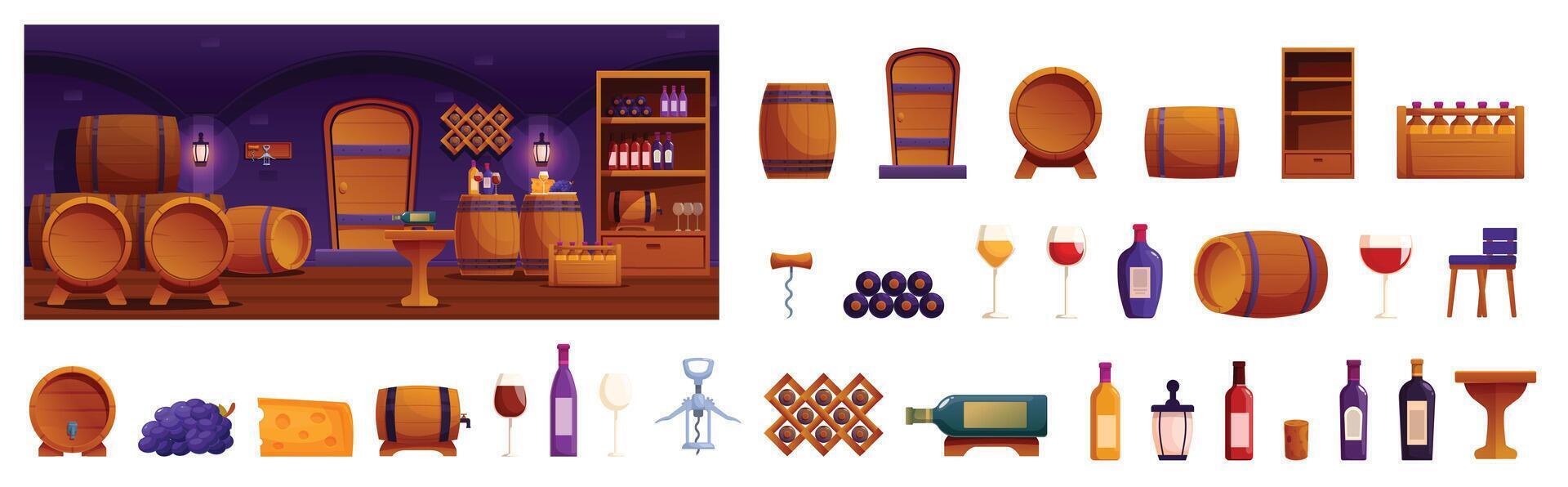 Wine cellar interior icons set cartoon vector. Wooden barrel vector