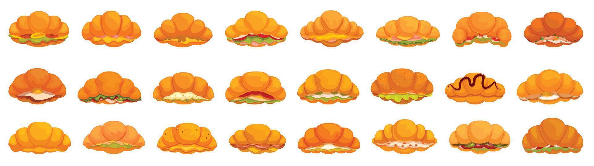 Croissant sandwich icons set cartoon vector. Salami breakfast vector