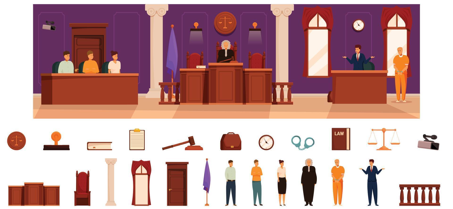 Trial courtroom icons set cartoon vector. Desk judge vector