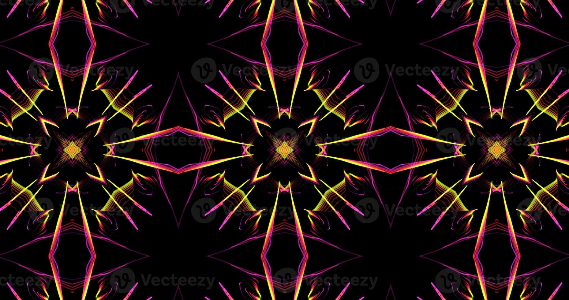 Abstract Kaleidoscope Patterns On Dark Background In Purple Green Yellow Lines photo