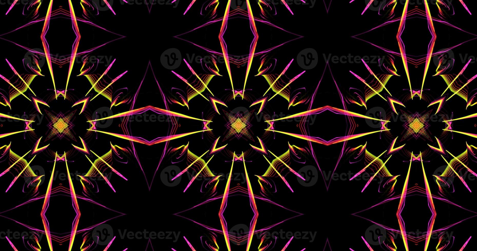 Abstract Kaleidoscope Patterns On Dark Background In Purple Green Yellow Lines photo