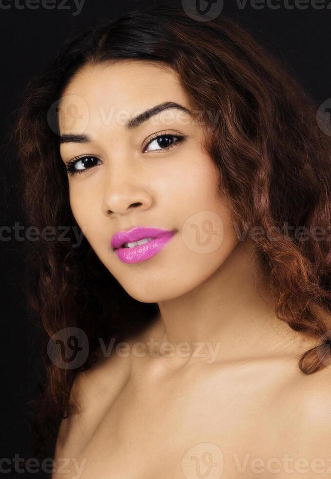 Bare Shoulder Portrait Attractive Hispanic Woman Dark Background photo