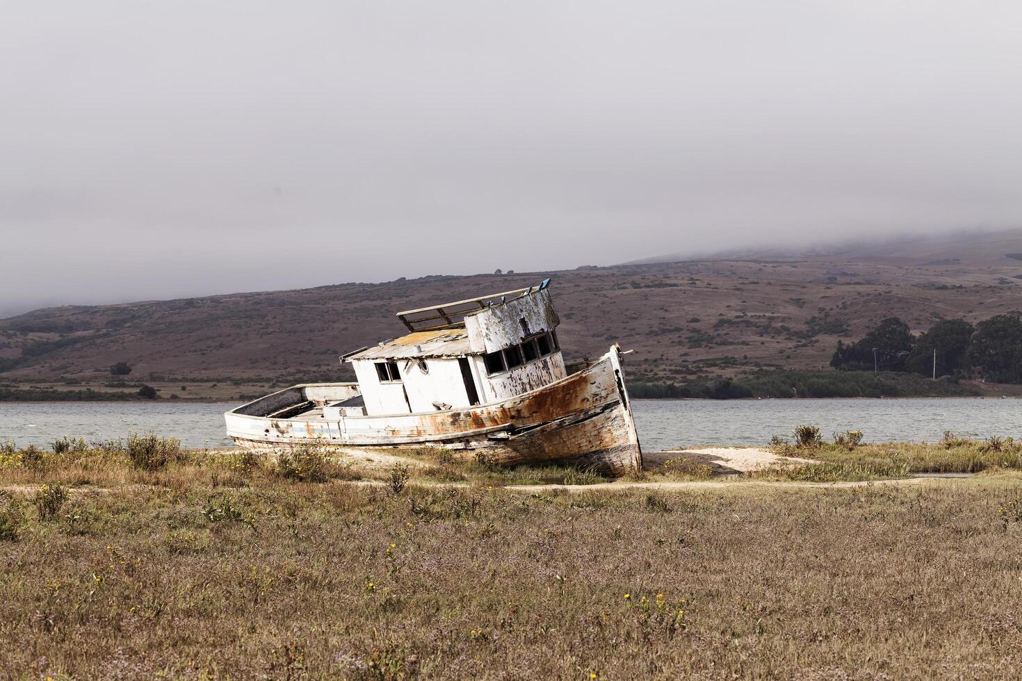 Point Reyes, CA, 2014 - Abandoned Fishing Boat Aground With Overcast Sky photo