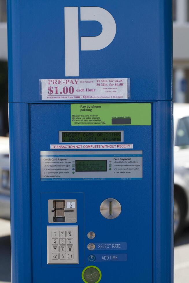 Sausalito, CA,  2011 - Face of blue parking kiosk with displays photo