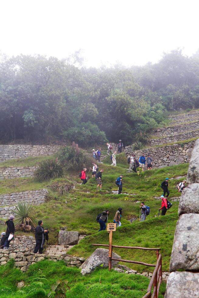 Machu Picchu, Peru, 2015 -Tourists Climbing Around Inca Ruins South America photo