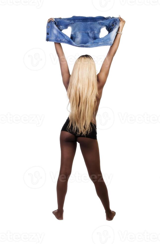 African American Woman From Back Holding Vest Overhead photo