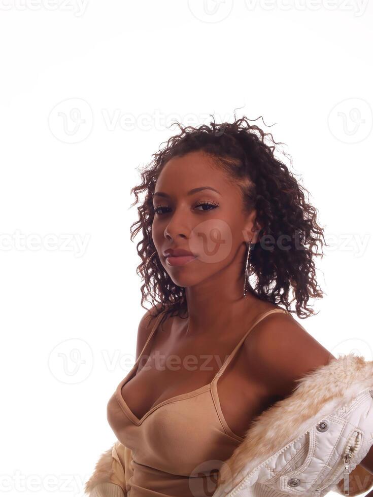 Attractive African American Woman With Jacket Off Shoulders photo