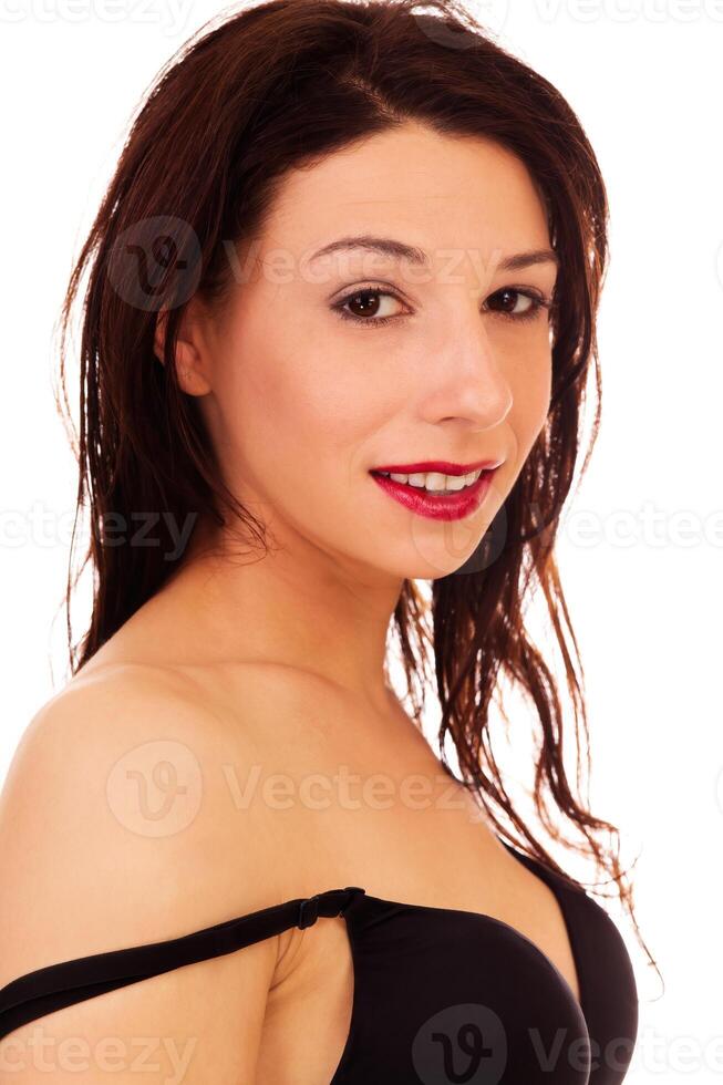 Portrait Slim Caucasian Woman In Black Bra White Background photo