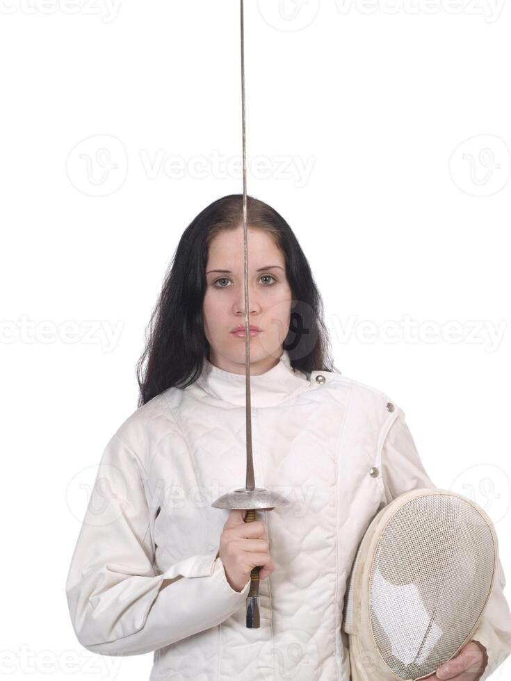 Young Woman in Fencing Jacket with Foil and Mask photo